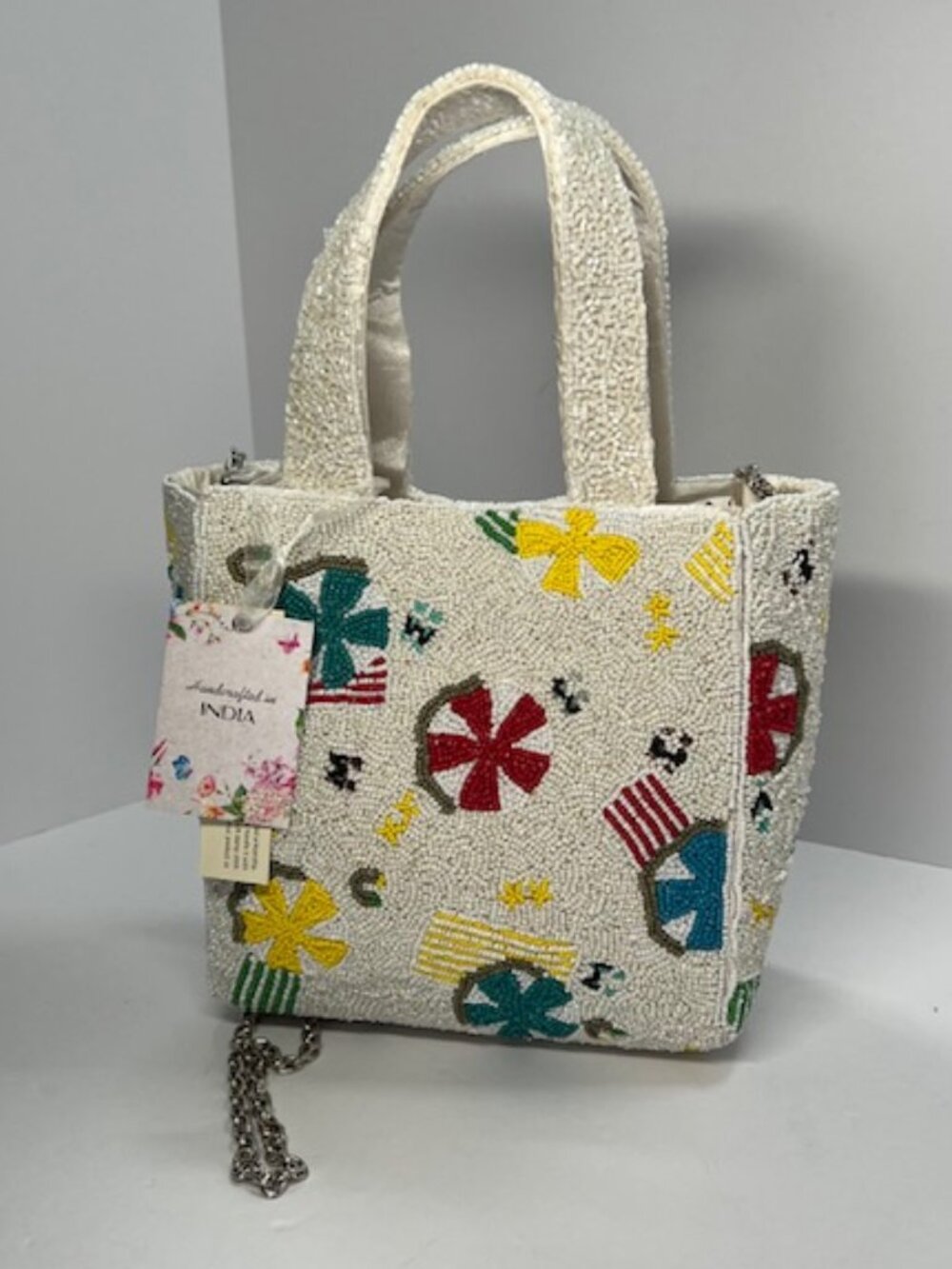 Hand-beaded Crossbody Bag Colorful Beach Chairs and Umbrellas on Wht Bkgrnd NWT